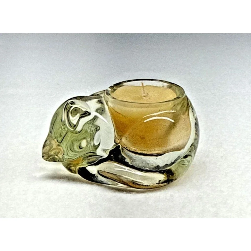 Avon Crystal Sleeping Cat Tealight Candle Holder Glass Kitty Figurine Vintage